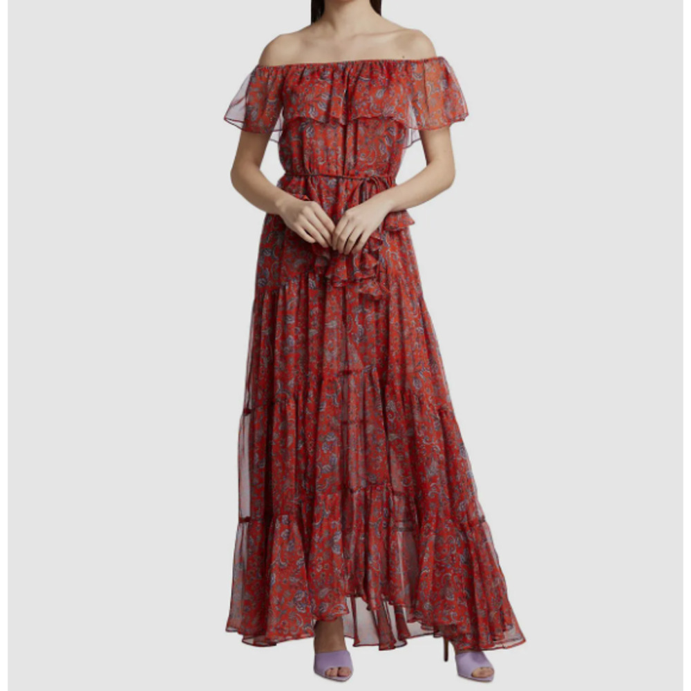 NWT Misa Los Angeles Kiera Paisley-print Tiered Maxi Dress Size M Red #1B456